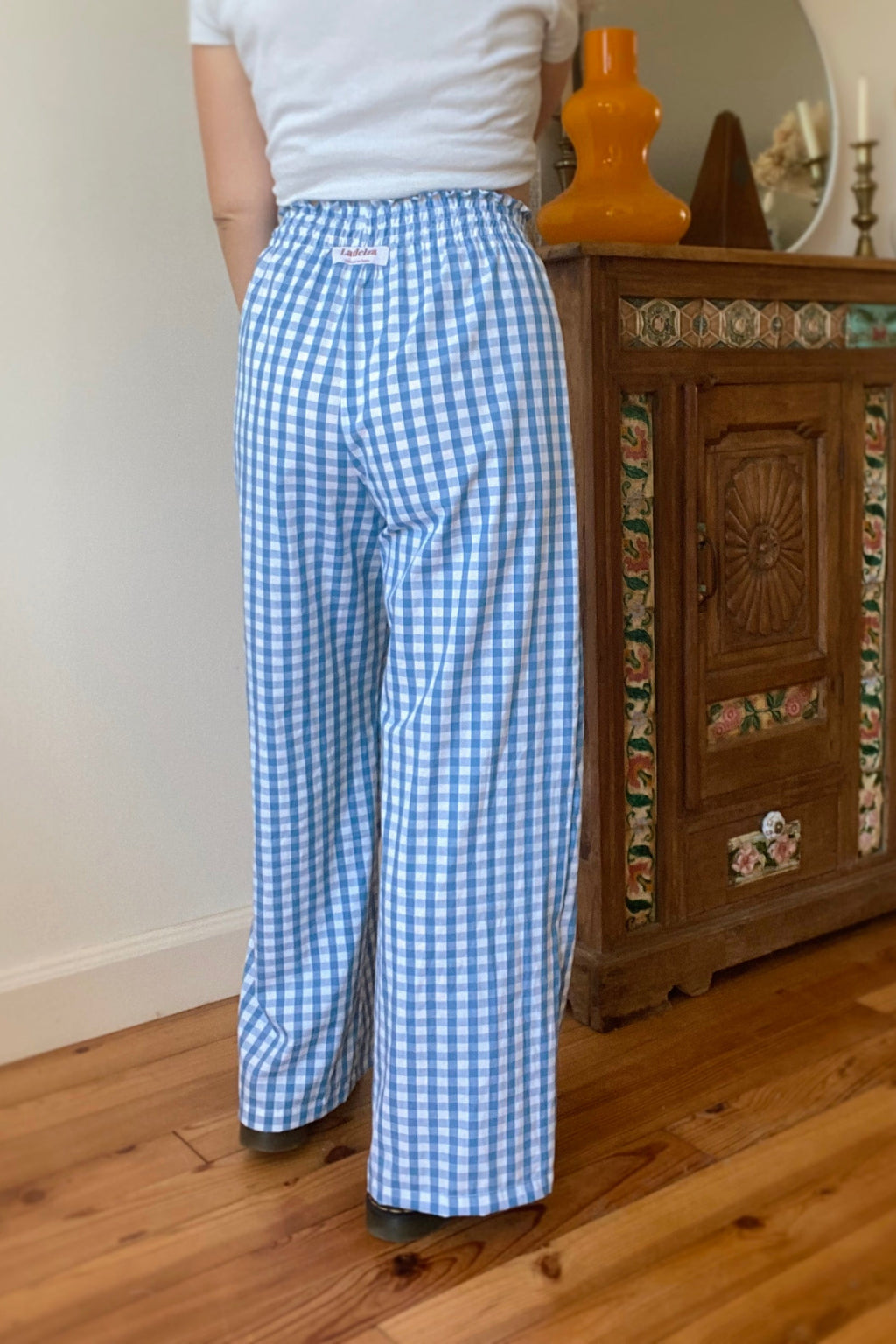 Pantalon smocks vichy bleu・Ladelza Atelier