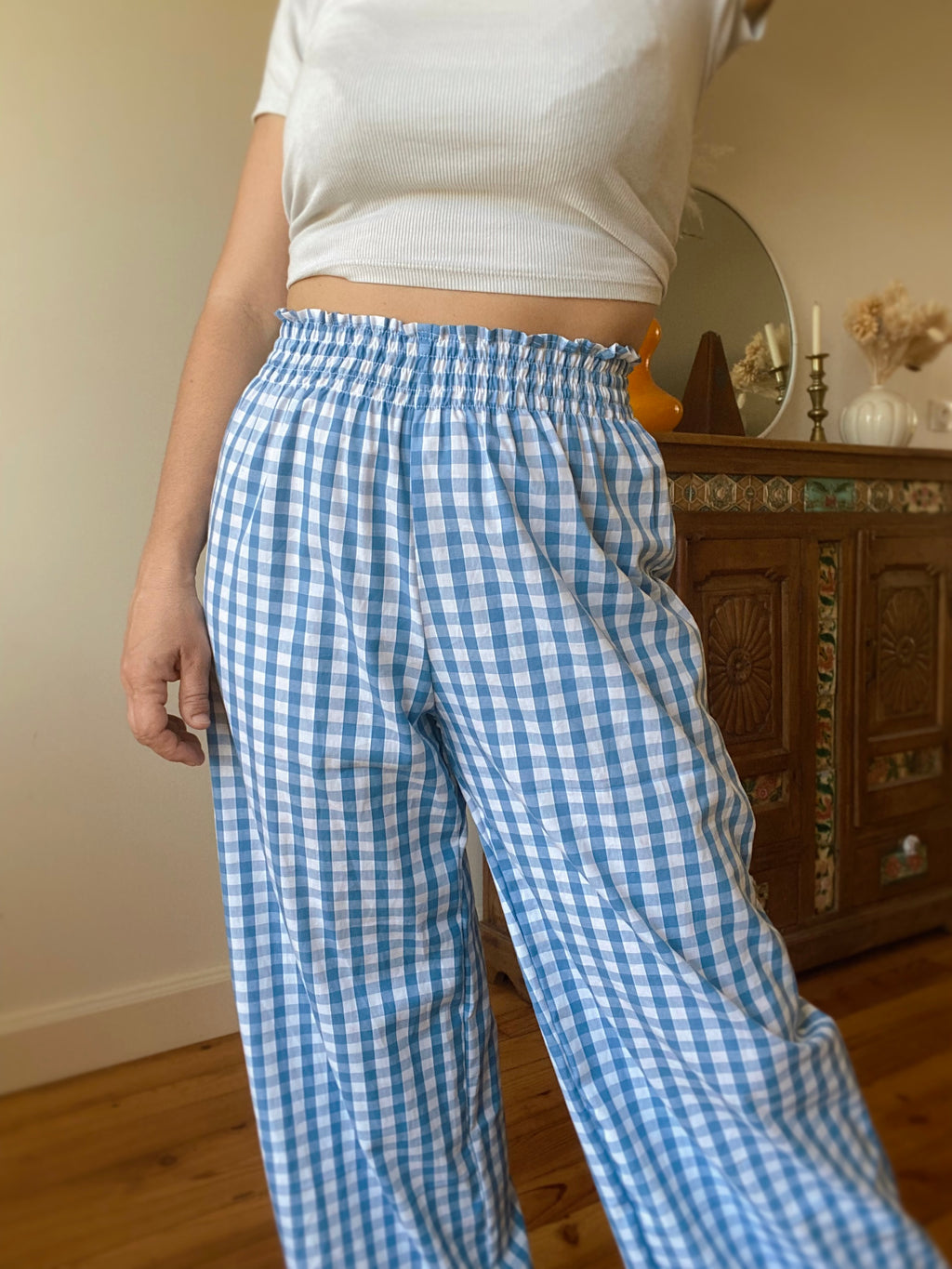 Pantalon smocks vichy bleu・Ladelza Atelier