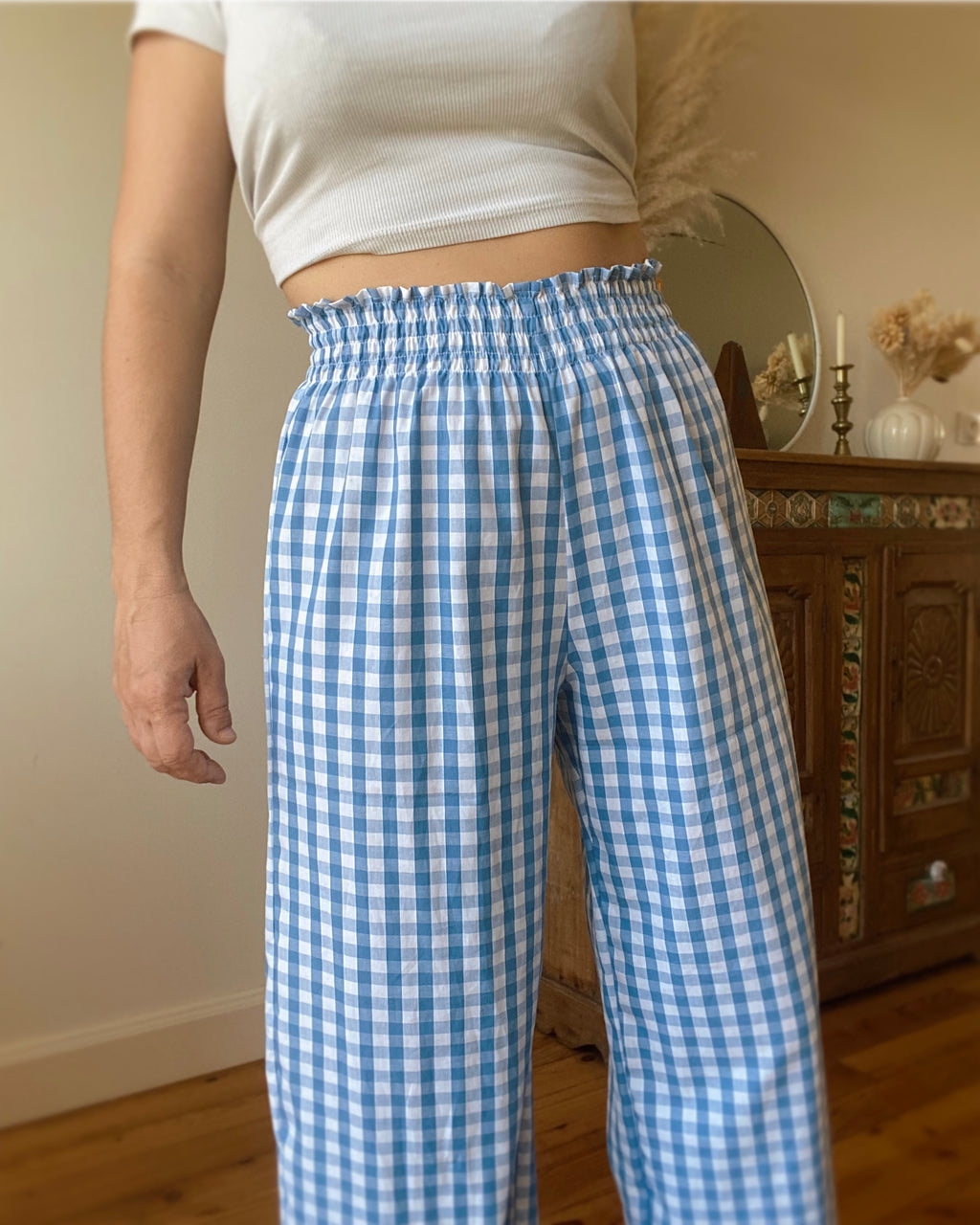 Pantalon smocks vichy bleu・Ladelza Atelier