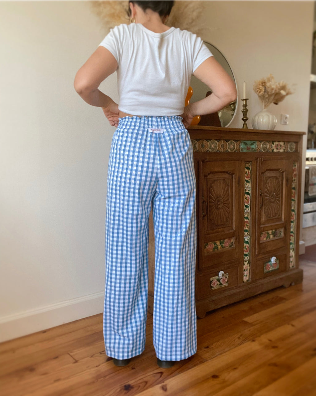 Pantalon smocks vichy bleu・Ladelza Atelier