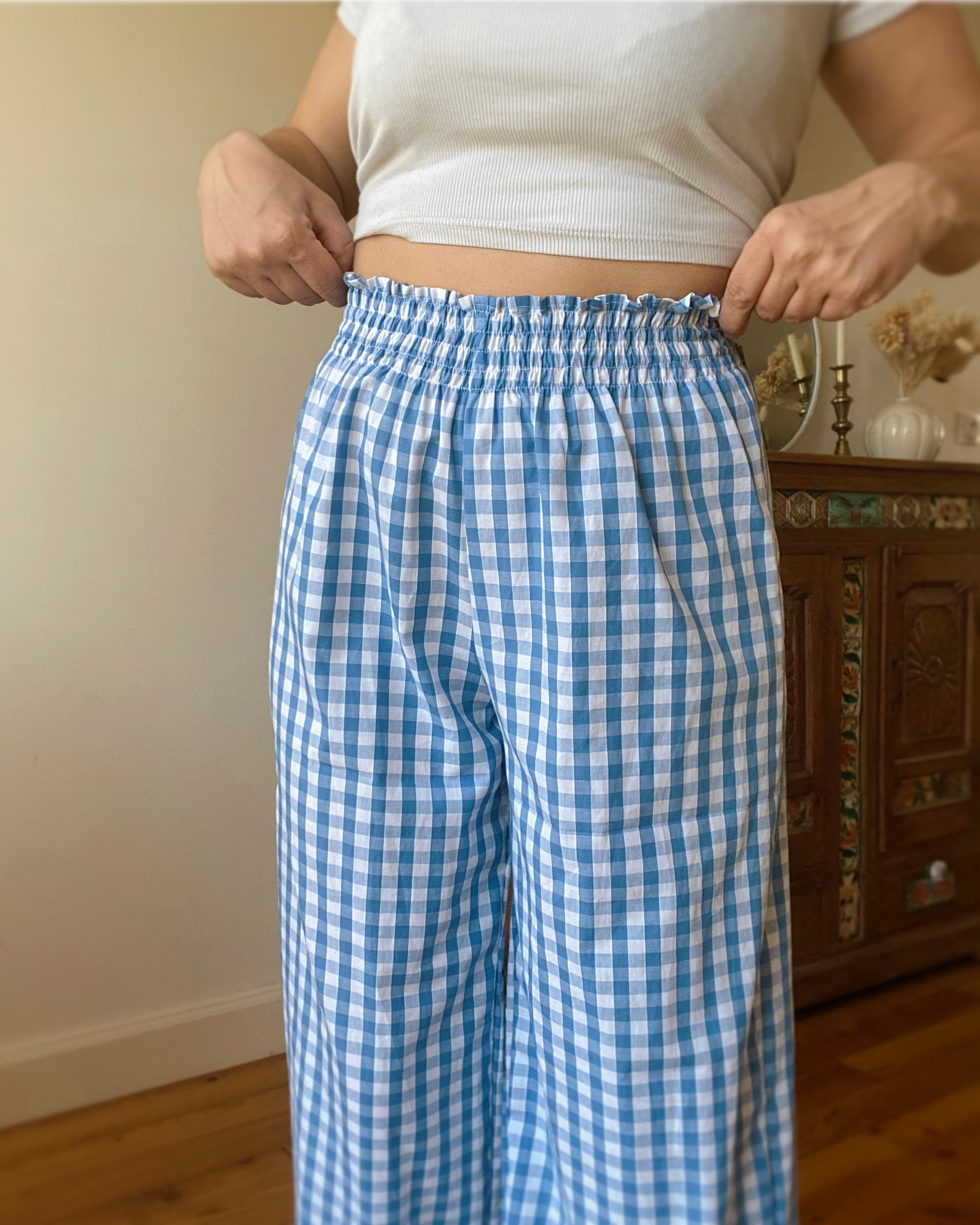 Pantalon smocks vichy bleu・Ladelza Atelier