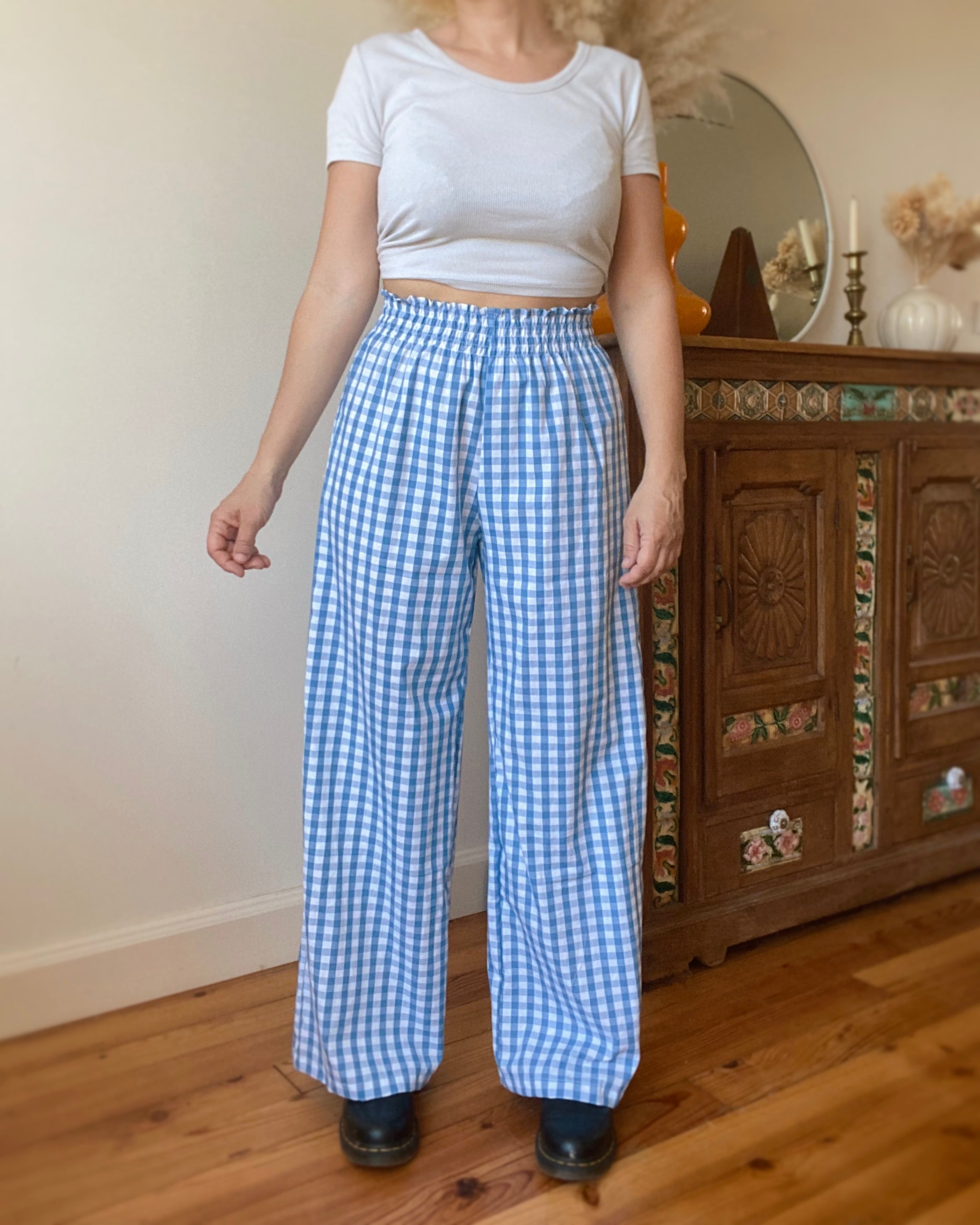 Pantalon smocks vichy bleu・Ladelza Atelier