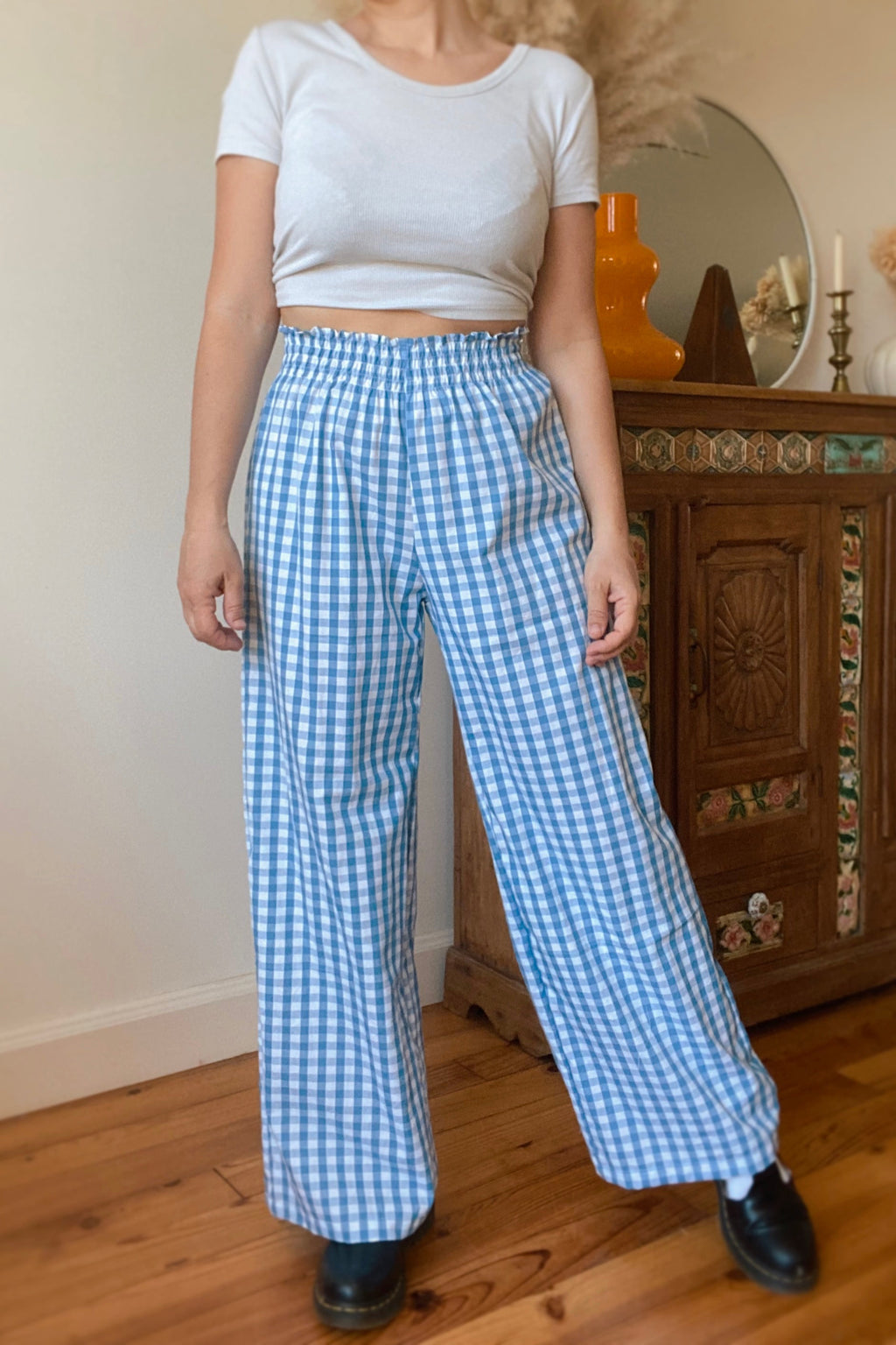 Pantalon smocks vichy bleu・Ladelza Atelier