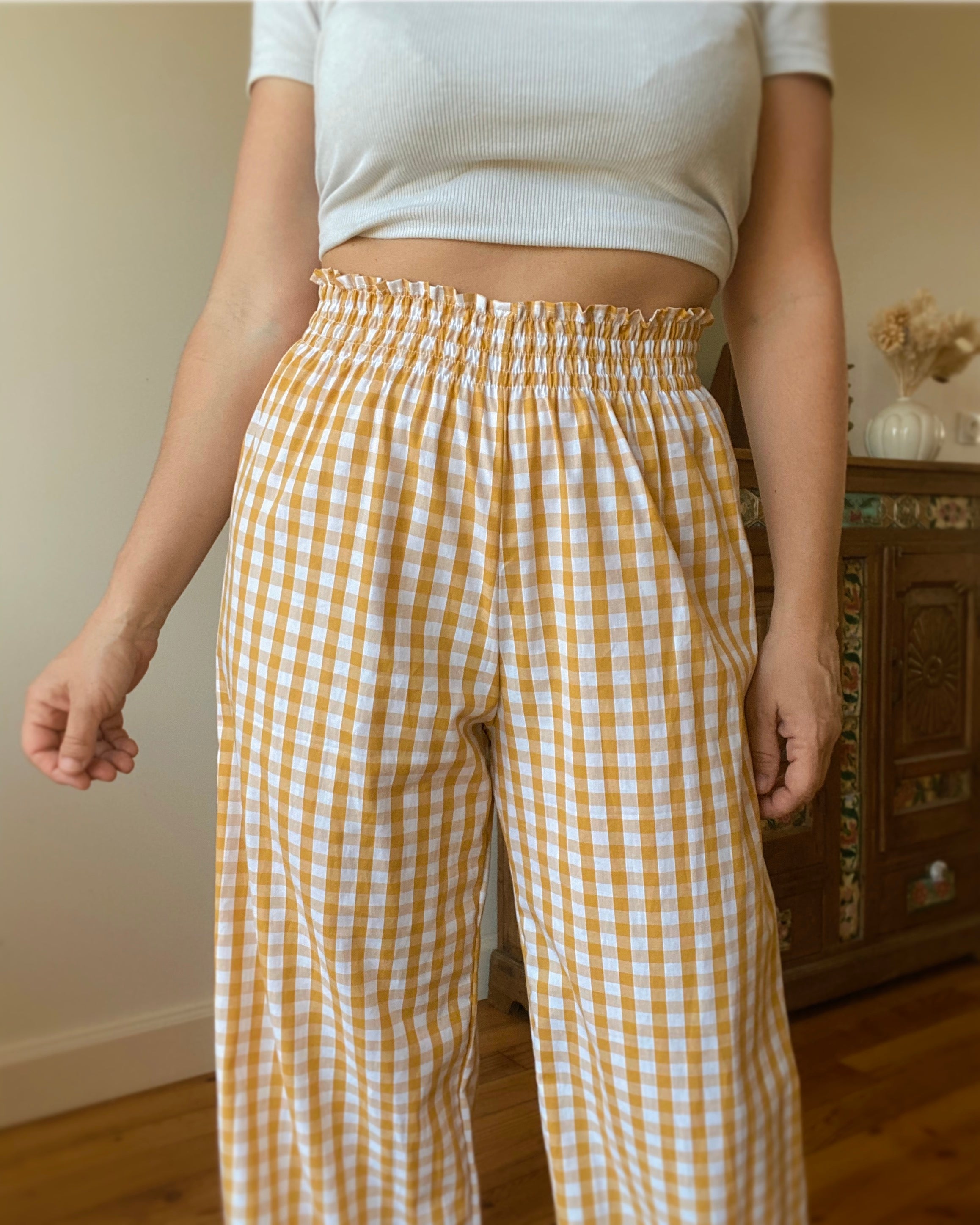 Pantalon Smocks Vichy Ocre・Ladelza Atelier